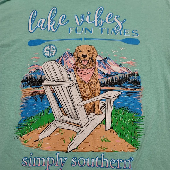 Simply Southern Shirt Mens Large Green Lake VIbes Fun Times Spellout Dog Graphic - Picture 5 of 11